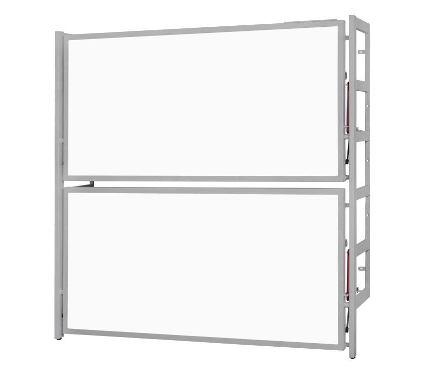 Litera abatible metálica horizontal en color gris, cerrada y diseñada para ahorrar espacio en habitaciones pequeñas